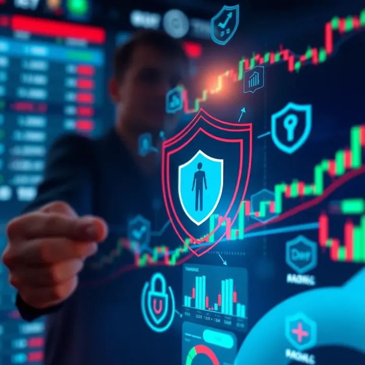 Conceptual illustration of secure online trading with digital charts and protective shield icons