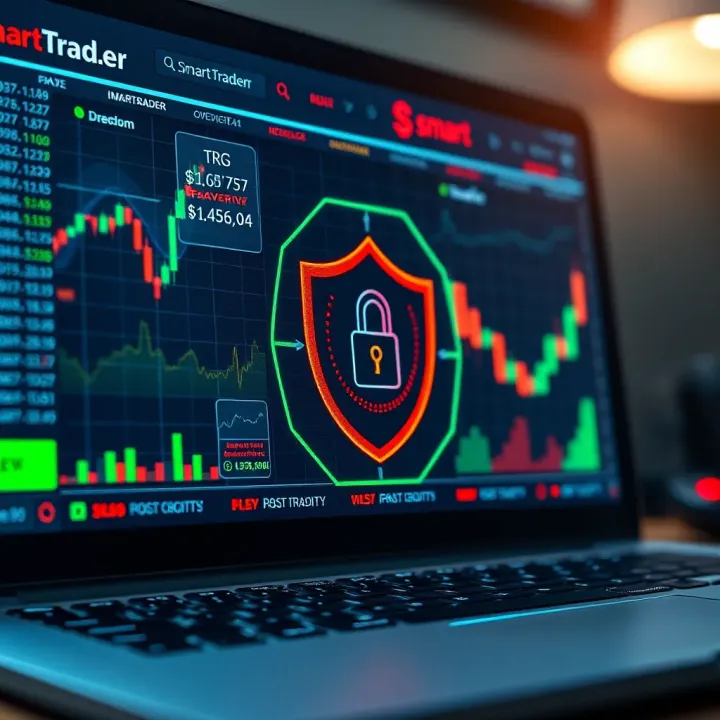 Illustration of secure online trading environment with digital security icons and currency symbols