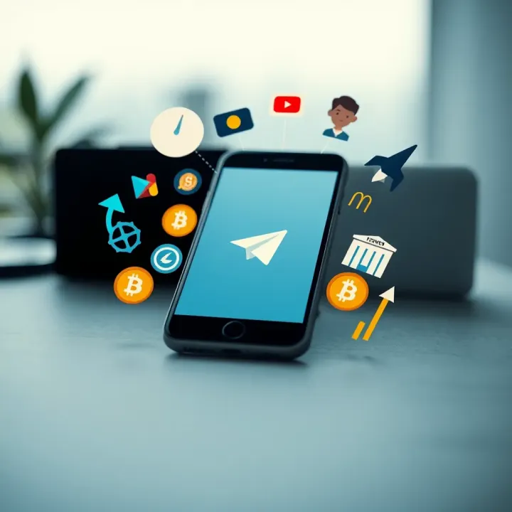 Graphic showing a mobile device with Telegram app surrounded by symbols of technology, culture, and finance communities