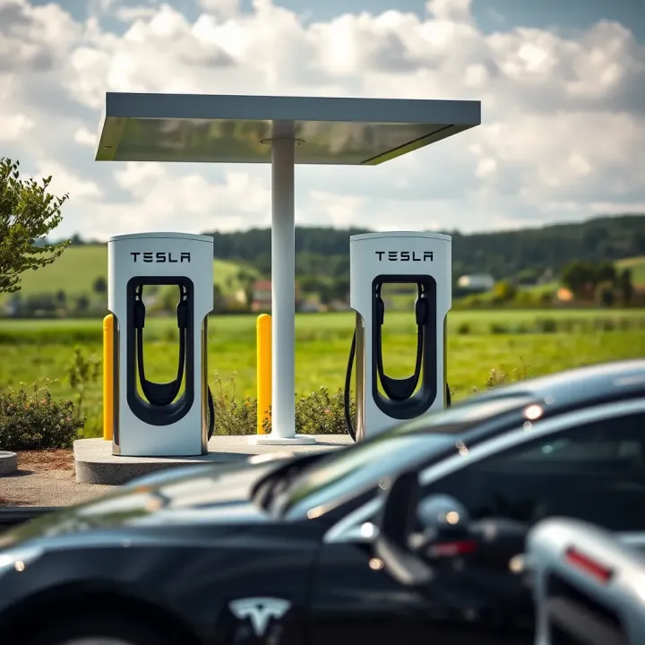 Tesla electric car charging station with green landscape background