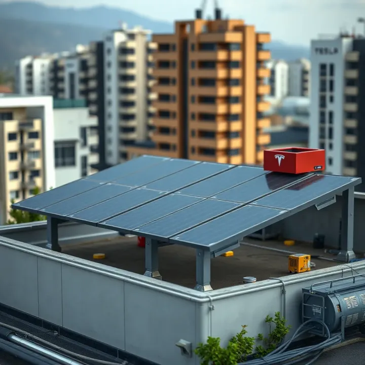 Model of Tesla solar panels installed on urban rooftop