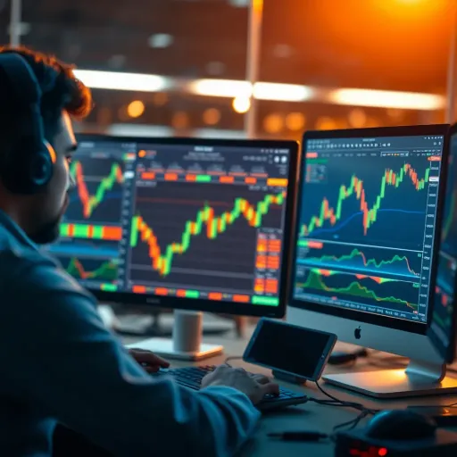 Conceptual graphic showing a trader analyzing market trends on multiple screens symbolizing learning and market exploration