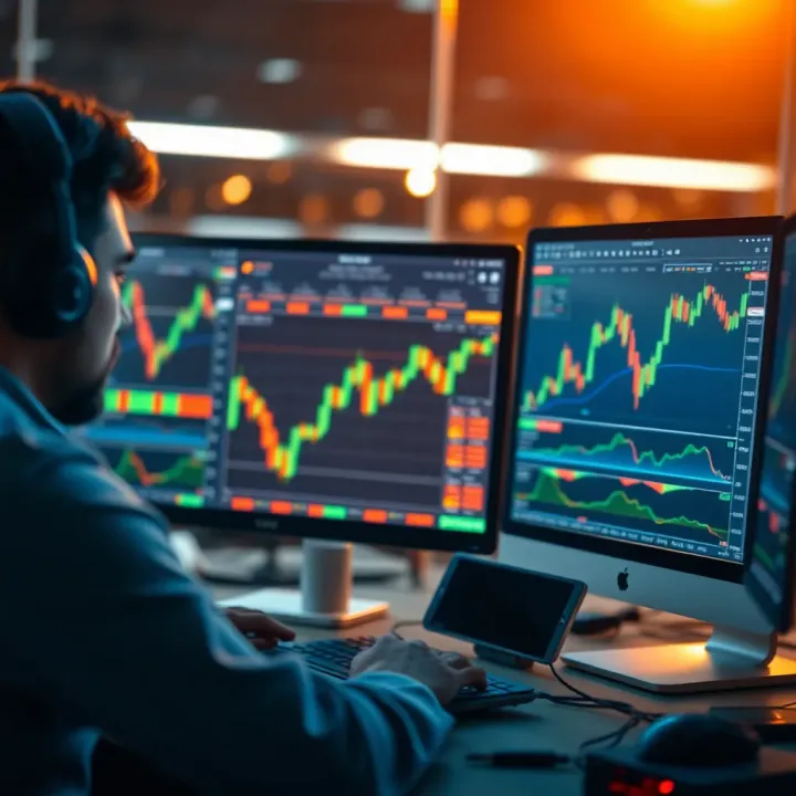 Conceptual graphic showing a trader analyzing market trends on multiple screens symbolizing learning and market exploration