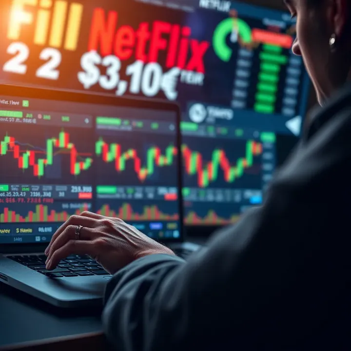 Close-up of a person analyzing stock graphs on a laptop with financial news in the background