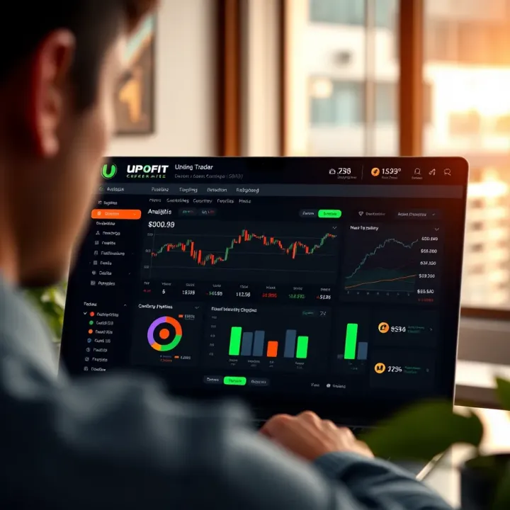Dashboard interface showcasing trading options and analytics on Uprofit Trader platform